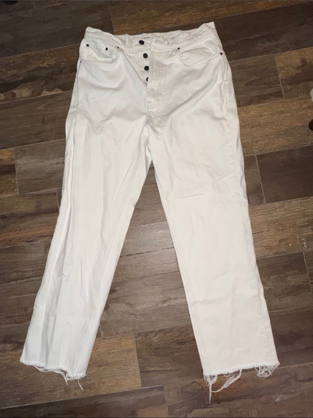 Grlfrnd White Button-Fly Jeans High Waist Slightly Cropped Raw Hem
